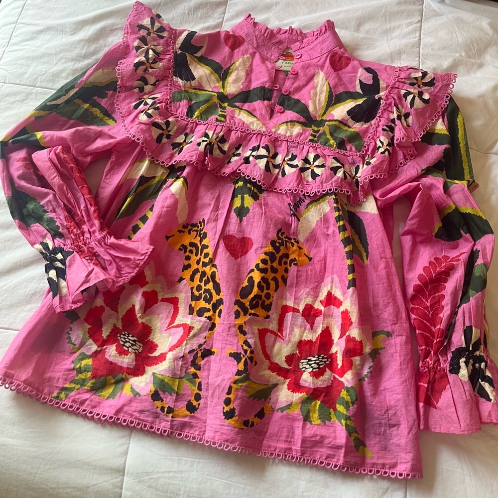 FARM RIO * Pink Floral & Leopard Print Ruffle Peasant Top